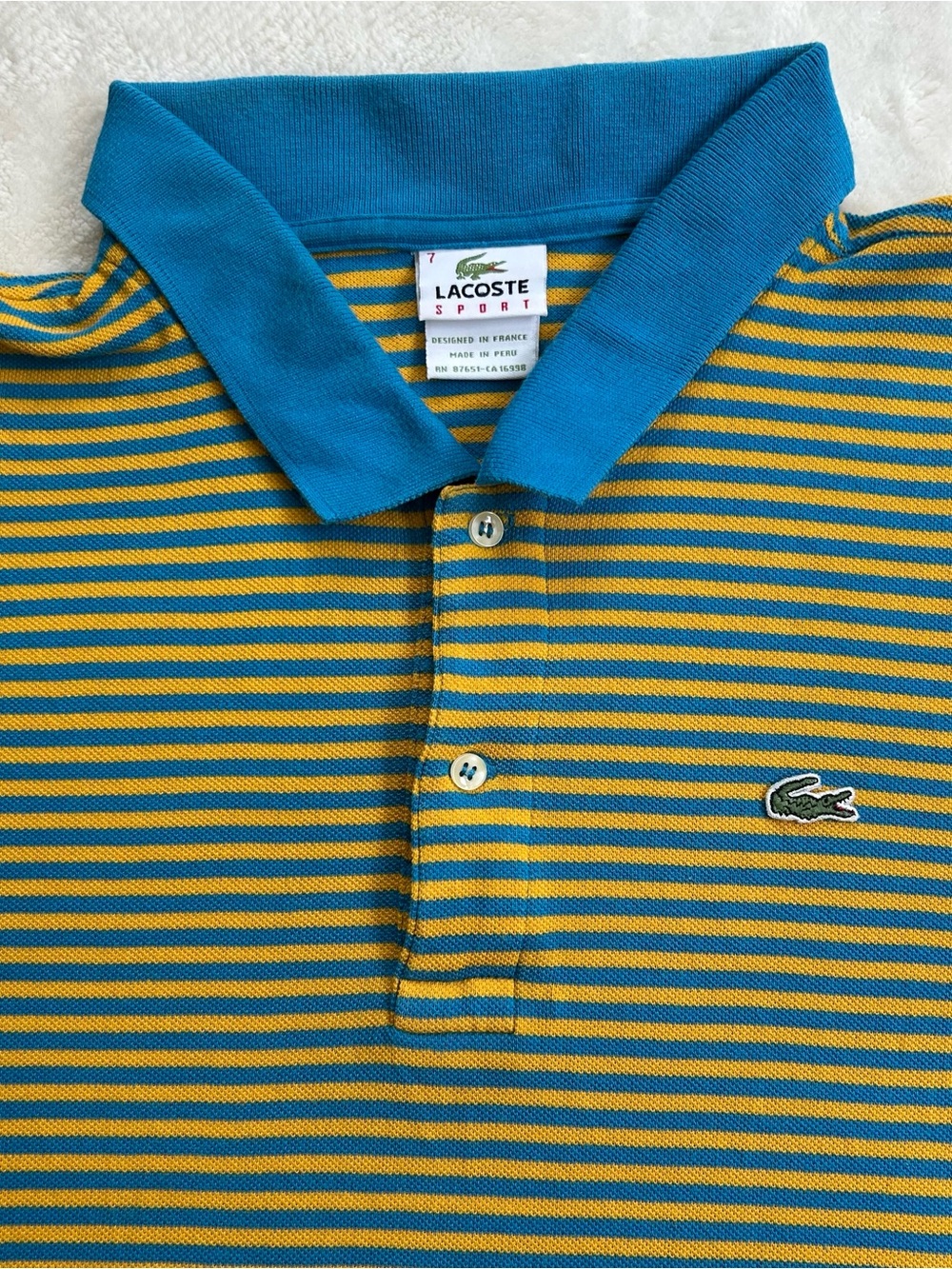 Lacoste Sport Polo Shirt Men's 2XL Blue/Yellow Striped Short Sleeve Logo Golf